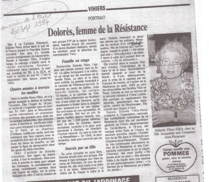 Recorte de Dolores Pérez-Tilkin no diário Courrier de L'Ouest, setembro de 1987