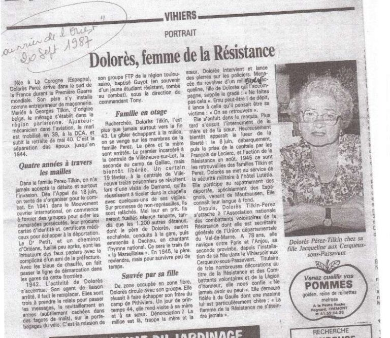 Recorte de Dolores Pérez-Tilkin no diário Courrier de L'Ouest, setembro de 1987