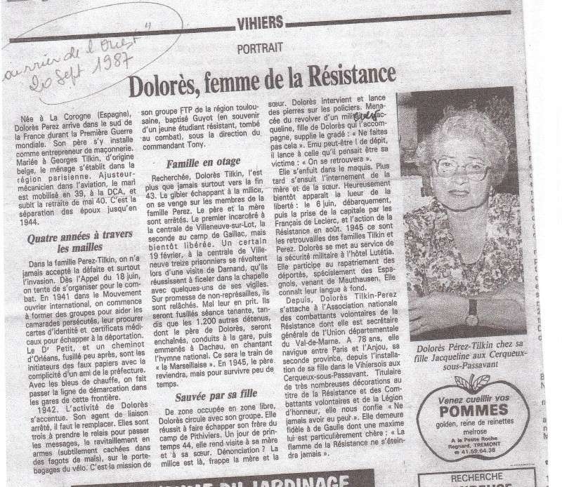 Recorte de Dolores Pérez-Tilkin no diário Courrier de L'Ouest, setembro de 1987
