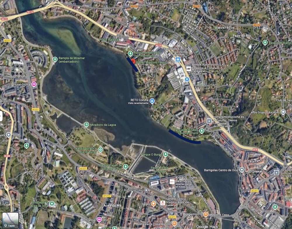 Mapa da Ría do Burgo cos paseos pendentes