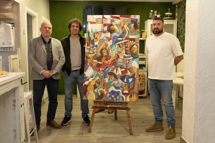 Presentación das festas no Barrio das Flores. O o cadro que acompaña o cartel oficial da Festa dos Maios é obra dun artista e veciño da zona, Alejandro Mosquera. CONCELLO DA CORUÑA