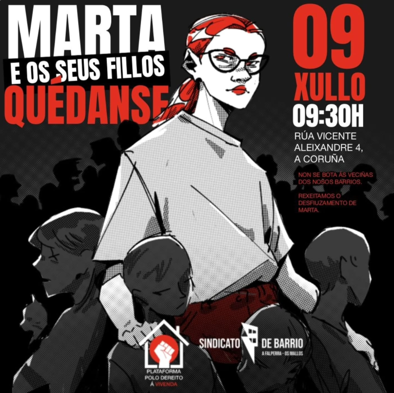 A Coruña en pé contra os desafiuzamentos: A cidadanía arroupará a Marta e aos seus fillos este xoves ante a perda da súa vivenda