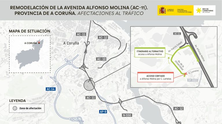 Transportes cortará o acceso á AC-11 desde a rúa Lamelas polas obras de Alfonso Molina